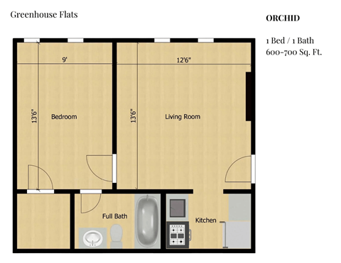 Floor plan for 1 bed, 1 bath, 700 sqft